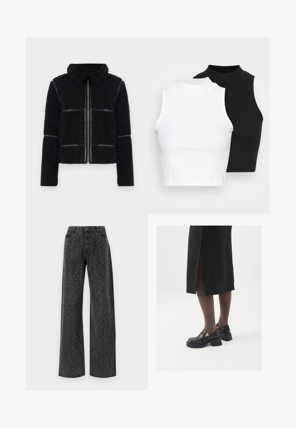Mustam fleecest jakil kõrge krae, eesmine tõmblukk ja siledad nahkdetailid. Omab tekstureeritud pinda ja struktureeritud siluetti.; Kaks musta ja valget ilma varrukat ribikrae topi, millel on sobiv disain ja sile tekstuur, ning lühikesed pikkused.; Noisy May NMJANNEL LOOSE - Avar lõikega teksad - black denim; Mustad mustad jalatsid ümmarguse varbaga, paksu plokkniidi ja elastsete külgdetailidega, kombineeritud tumedate sukkade ja musta lõhikuga seelikuga.