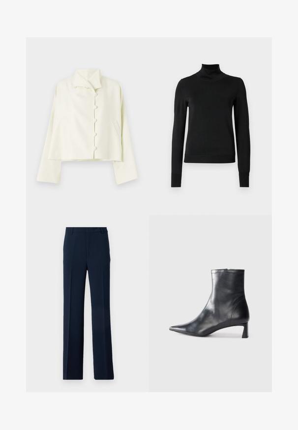 REMAIN SUITING JACKET - Light jacket - off white; Black long-sleeve turtleneck sweater with ribbed cuffs and hem, displayed on a plain white background.; Navy blue trousers made of smooth fabric, featuring a straight leg design with front pleats and side pockets for a tailored look.; Black leather ankle boot with a pointed toe and a sleek design. Features a low heel and a zipper closure at the back. Smooth texture.