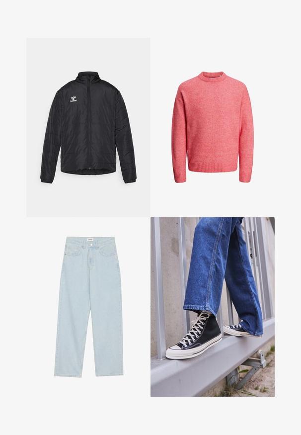 Mustem puffjakker, mille on kõrge kaelus, täispikk lukk, horisontaalne õmblus ja trükitud logo vasakul rinnal. Valmistatud kergest materjalist.; Pehme roosa ümarkaelusega sviiter, millel on pikad varrukad ja soonikkoes varrukate ning helma ääred, esitatud valgel taustal.; Heledad helesinine laiemate säärega teksapüksid, mis on valmistatud denimist, sisaldavad keskelt kõrge vöökoha, viit taskut ning nööbiga kinnitamist õhuke metallaccent.; Mustad mustade kõrgete tossudega, millel on valge tallaga ja valged paelad, koos vaba sinise denimidega, mis puhkavad hallil piiridel.