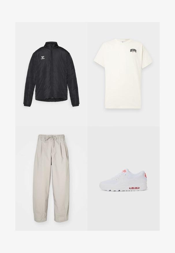 Fekete pufferszövet kabát magas nyakkal, teljes zipzárral, vízszintes varrással és nyomtatott logóval a bal mellrészen. Könnyű anyagból készült.; Krém színű pamut póló rövid ujjakkal, fekete és piros "NIKE SB" felirattal a mellkasán. Standard kerek nyakkivágással.; Beige, könnyű nadrág, rugalmas derékkal és zsinórral. Ráncokkal és laza szabással rendelkezik, puha, sima anyagból készült.; Fehér sportcipő, sima felsőrésszel, fűzős zárással, párnázott talppal és látható légpárnával, piros részletekkel a logón.