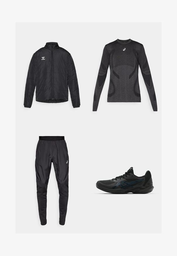 Mustapuffatakki, jossa on korkea kaulus, täysi vetoketju, vaakasuorat ompeleet ja painettu logo vasemmassa rinnassa. Valmistettu kevyestä materiaalista.; Pitkähiha urheilu toppi tummanharmaana, jossa on tekstuurisia design-yksityiskohtia vaaleammassa harmaassa. Pyöreä kaula-aukko ja logo rinnassa.; Mustat urheiluhousut, joissa on joustava vyötärö, sivutaskut ja kontrastiväriset kangaspaneelit jaloissa. Asics-logo lantiolla.; ASICS SOLUTION SPEED FF 3 CLAY - Massakentän kengät - black/prism blue