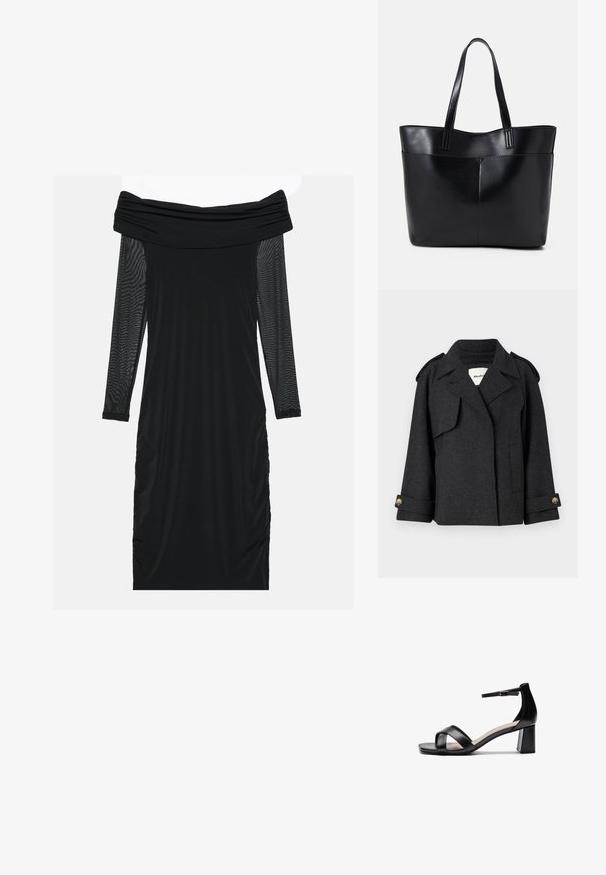 Palton dintr-un amestec de lână de culoare gri închis, cu un design structurat, epauleți pe umeri și manșete cu nasturi. Prezintă un guler cu rever și detalii cu buzunare laterale.; Rochie neagră, fără bretele, cu mâneci lungi din plasă transparentă, laterale pliate, material neted și siluetă ajustată.; Sandale negre cu toc deschis, cu barete încrucișate, curea ajustabilă pentru gleznă și toc masiv, prezentând o textură de piele netedă.; Geantă oversized din piele neagră, cu două mânere lungi, de textură netedă și formă structurată. Are un buzunar frontal pentru stocare suplimentară.