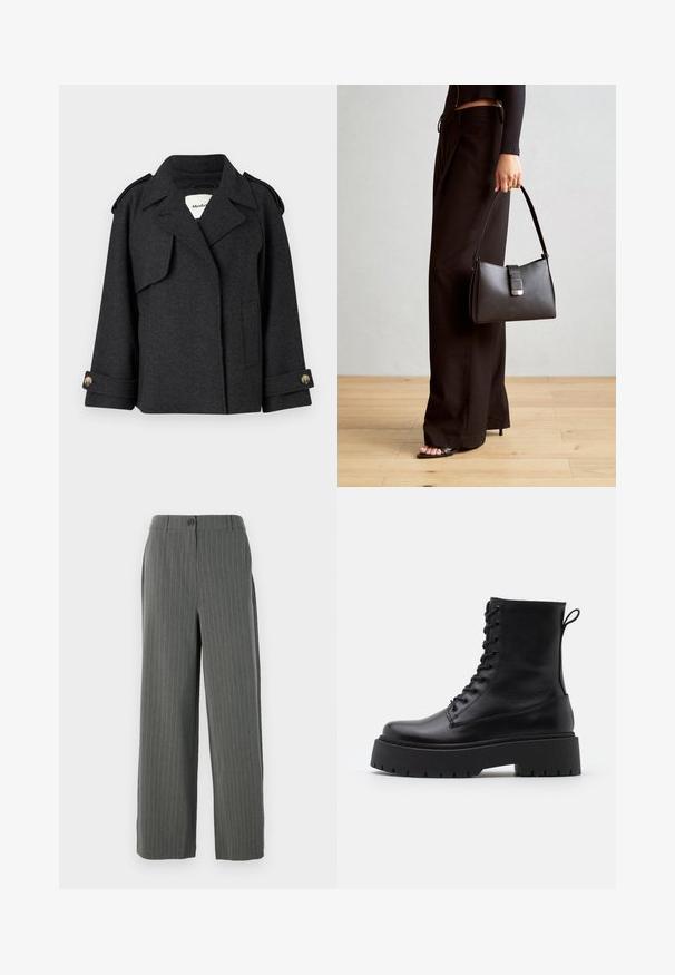 Manteau en mélange de laine gris foncé au design structuré, avec épaulettes et poignets boutonnés. Il présente un col à revers et des poches latérales.; Haut à manches longues gris rayé avec un col rond et une coupe décontractée. Des rayures verticales en gris clair contrastent avec la texture de tissu plus foncé.; Pantalons gris à rayures fines avec une silhouette à jambes larges, dotés d'une fermeture à bouton et d'une texture subtile. Design ajusté pour un fit structuré.; Bottines en cuir noir avec un bout rond, un laçage à l'avant et une épaisse semelle en caoutchouc dotée d'un motif texturé. Tirer au dos.; Sac à main noir à la forme structurée, texture lisse et fermoir métallique. Associé à un pantalon noir ample et des sandales ouvertes sur un sol en bois.