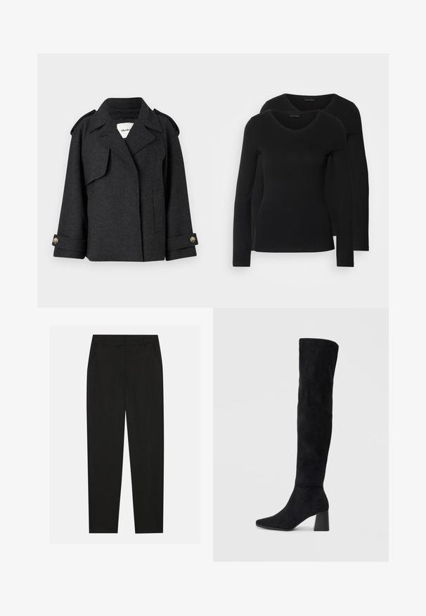 Dunkelgrauer Wollmischungsmantel mit strukturiertem Design, Schulterepauletten und geknöpften Bündchen. Verfügt über einen Reverskragen und Seitentaschen.; Zwei schwarze Langarmshirts mit V-Ausschnitt, aus weichem, dehnbarem Stoff, der eine glatte Textur und eine figurbetonte Passform zeigt.; Schwarze Hosen mit taillierter Passform, ausgestattet mit seitlichen Taschen und geradem Bein. Hergestellt aus glattem, leichtem Stoff mit einem eleganten Finish.; Schwarze Wildleder-Stiefel bis zum Knie mit Blockabsatz, spitzer Zehe und glattem, nahtlosem Design auf einem schlichten, hellen Hintergrund.