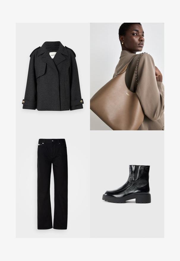 Tumehall villasegu mantel struktureeritud disainiga, õlavarre epauletid ja nööpidega mansetid. Sellel on joogainsed krae ja küljetaskud.; Valge pika varrukaga särk on valmistatud ribakudumist, millel on ümmargune kaelus ja keha lähedane lõige. Muster või kaunistused puuduvad.; Mustad teksased sirge jala ja viie taskuga, hõbedaste neetide ja nupu sulgemisega. Kanga pind on sile, kerge tekstuuriga.; Mustad mustad tossud läikiva patendi nahaga viimistlusega, jäme musta kummist tald ja kõrgendatud konts; sisaldab külgedel peent logodegust.; Pruun nahkne kott, millel on sile tekstuur, kumer siluett ja metallist logo. Rihmal on dekoratiivsed nupud õmbluse ääres.