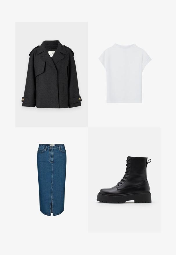 Cappotto in misto lana grigio scuro con un design strutturato, spalline sulle spalle e polsini con bottoni. Presenta un colletto a rever e dettagli con tasche laterali.; Top corto bianco a maniche corte caratterizzato da una vestibilità morbida, texture leggera e scollo tondo. Visto da dietro mostra un design semplice e fluido.; Gonna a tubino in denim blu scuro, con uno spacco frontale, cinque tasche e cuciture a contrasto. Vita medio-alta con un design classico.; Stivaletti in pelle nera alla caviglia con punta rotonda, lace-up frontale e suola in gomma spessa con battistrada textured. Tassello sul retro.