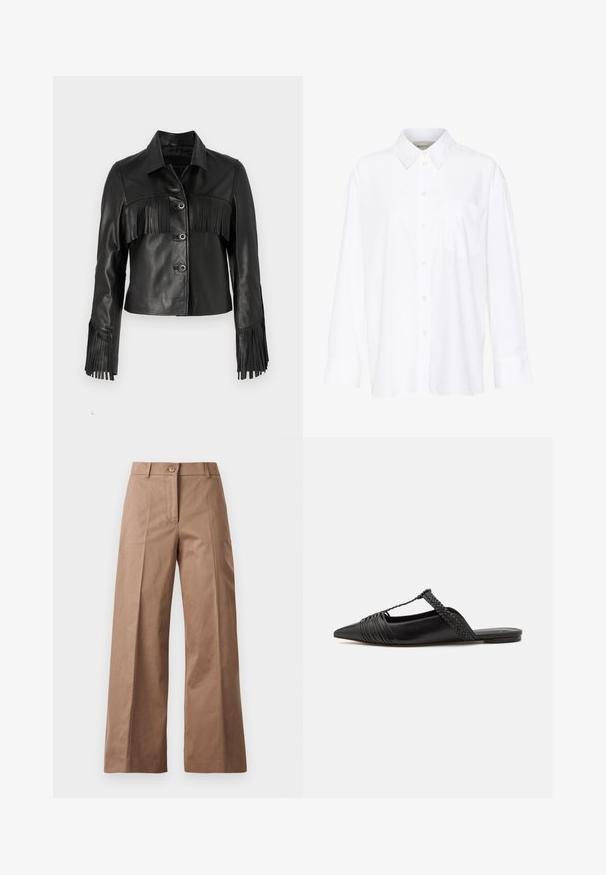 Must must jacket, millelipsi detailedega rinnal ja varrukatel, klassikaline krae ja viie nupuga sulgemine.; Valge pika käisega krae särg, mis on valmistatud puuvillast. Omab nööbipaneeli esiosa ja ühte rinna taskut. Sujuv tekstuur, vabalt lõigatud.; Pruunid lai jalgadega püksid, mis on valmistatud siledast kangast, esise nööbiga kinnitusega, kahte esist taskut ja puhtaid, vormitud jooni.; Must kuulsad nahast kandadega kingad, millel on terav nina, koos kootud detaili ja volditud ülaosaga. Lame tald minimaalse riistvaraga.