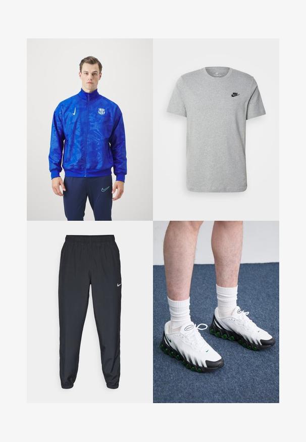 Blå atletisk jakke med tekstureret finish, hvid T-shirt, marineblå bukser og sorte sportssko. Jakken og bukserne har et logo.; Grå kortærmet T-shirt i bomuld med et sort Nike-logo på brystet og rund halsudskæring. Minimalistisk design uden mønstre.; Sorte træningsbukser lavet af letvægtsstof med elastisk talje, ankelsyninger og et diskret Nike-logo på venstre side.; Hvide sportssko med sorte accenter og grøn dæmpning. Har en tekstureret overdel, snørebåndslukning og synlig brandlogo.