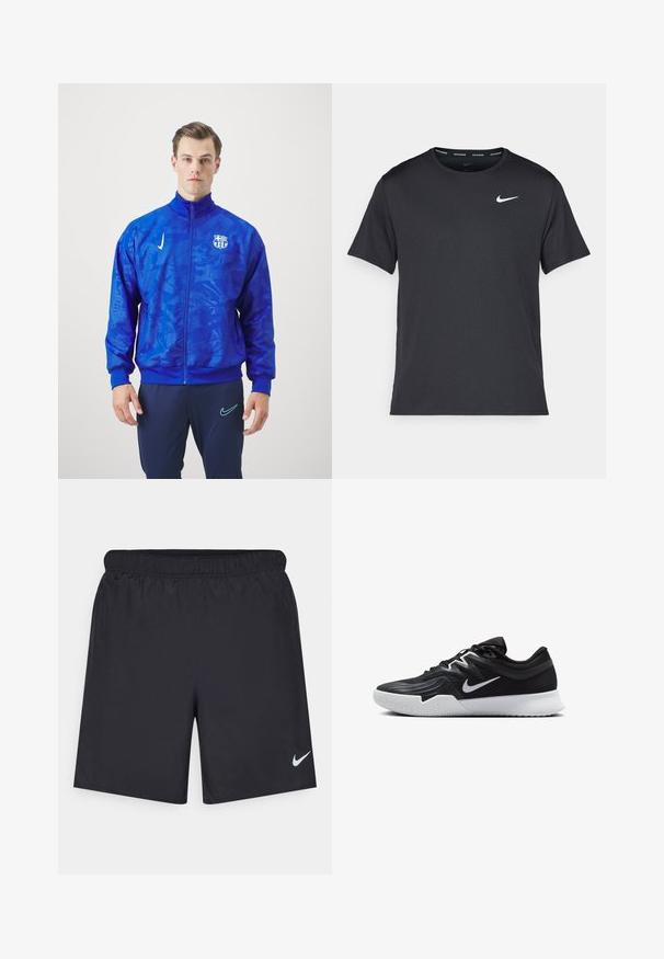 Blauwe sportjas met een gestructureerde afwerking, wit T-shirt, donkerblauwe broek en zwarte sportschoenen. Het jack en de broek hebben een logo.; Zwarte Nike hardloop T-shirt gemaakt van lichtgewicht, ademend materiaal, met korte mouwen en een klein wit logo op de borst.; Zwarte sportshorts gemaakt van lichtgewicht materiaal met een elastische tailleband. Voorzien van een klein wit Nike-logo aan de onderzijde aan de linkerkant.; Zwarte sportieve schoen met een gestructureerde bovenkant, witte Nike swoosh en een witte rubberen zool. Beschikt over een veterontwerp en een dynamische vorm.