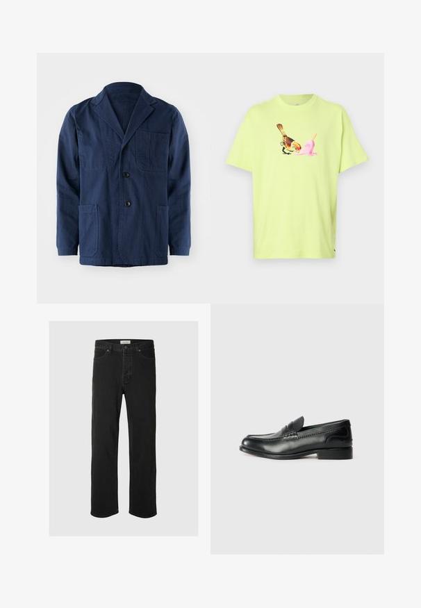 Mornarsko modra bombažna jakna z odrezanim ovratnikom, dvema sprednjima žepoma na zaklop, enim žepom na prsih in tremi gumbi.; Limeta zelena bombažna majica z grafiko ptice in rožnato sladoledno korneto, s preprostim okroglim izrezom in kratkimi rokavi.; Črne usnjene naravne hlače imajo klasičen pet-žepni dizajn z gumbom za zapiranje, minimalnim šivanjem in mehkim občutkom.; Črni usnjeni loafersi z gladko površino, šivanim detajlom čez vamp in rahlo dvignjenim peto.