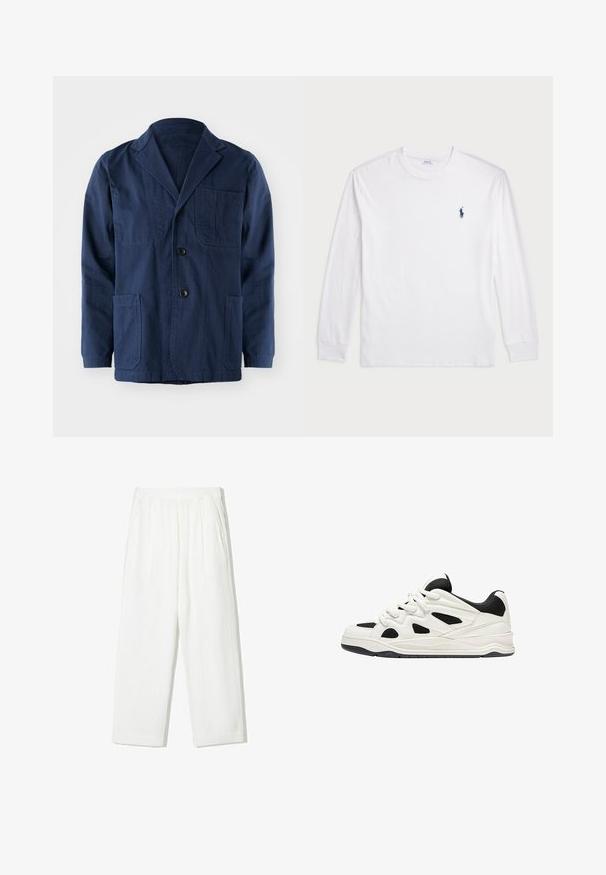 Navy blue cotton jacket featuring a notched collar, two front patch pockets, one chest pocket, and three button closures.; White long-sleeve T-shirt made of cotton. Features a round neckline, ribbed cuffs, and a small navy blue polo logo on the left chest.; White, wide-legged pants made of textured fabric. Features an elastic waistband and two side pockets. Casual, loose fit design.; White and black athletic shoes with a textured sole, featuring cut-out designs on the sides and laces, and a cushioned back for support.