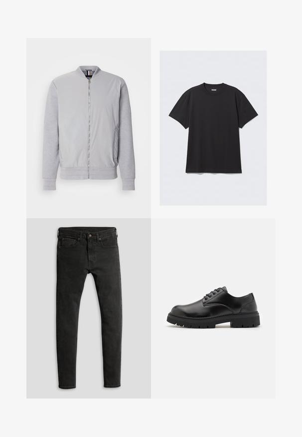 Jachetă bomber gri deschis, cu un fațadă netedă și mâneci texturate gri. Prezintă un sistem de închidere cu fermoar, manșete ribbate și buzunare laterale.; Tricou negru cu mânecă scurtă, din bumbac. Are un decolteu tip crew și o croială lejeră. Design simplu, fără modele sau accente vizibile.; Blugi din denim negru subțire, cu finisaj mat, design cu cinci buzunare și închidere clasică cu nasturi și fermoar.; Pantofi din piele neagră, cu vârful rotunjit, design cu șireturi și o talpă groasă, texturată din cauciuc. Prezintă cusături pe margine și o finisare netedă.