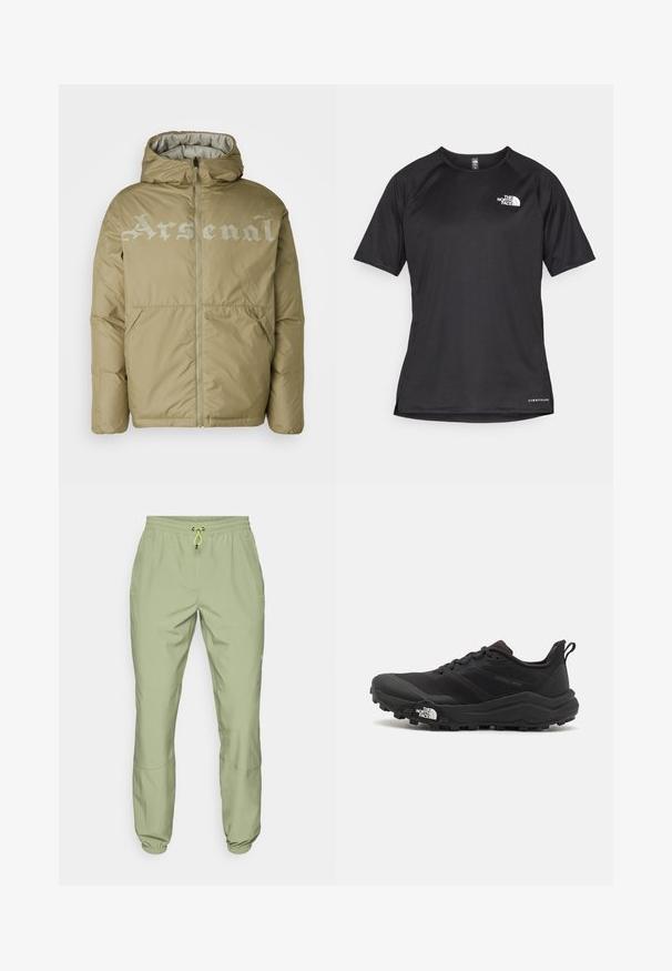 Beige puffer jacket with a hood, featuring a front zipper and large "Arsenal" text in light gray across the chest. Two side pockets.; Black short-sleeve athletic shirt with a textured fabric, featuring a white logo on the left chest and a straight hem.; Light green athletic pants with an elastic waistband, drawstring closure, and ankle cuffs; features two side pockets and a smooth texture.; Black trail running shoe with a textured upper, rubber sole, and reinforced toe cap. Features a padded collar and pull tab for easy wear.
