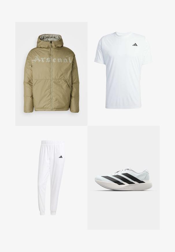 Beige pufferjakke med hette, med glidelås foran og stor "Arsenal" tekst i lysegrått over brystet. To sidelommer.; Hvit kortermet treningst-skjorte laget av lett stoff med en svart Adidas-logo på øvre venstre bryst.; Hvite treningsbukser laget av glatt stoff, med elastisk midje og tettsittende mansjetter, med en svart logo på baklommen.; Lette løpesko i lys blå med svarte striper. Har en myk overdel, rund tå og tykk hvit mellomsole merket "LIGHTSTRIKE PRO."