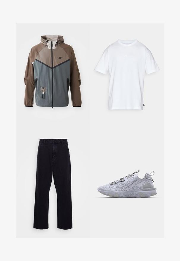Nike jakna s barvnim blokiranjem v sivi in rjavi barvi, s kapuco na vrvico, zadrgo in stranskimi žepi. Akcenti iz teksturirane tkanine.; Bela bomba iz bombaža s kratkimi rokavi in okroglo ovratnikom. Ima majhen, diskreten Nike logotip na prsih in stranski etiket.; Črne denim hlače s ravnim krojem, z gumbom in zadrgo, pasom za obleko ter minimalnimi šivi.; Svetlo sivi atletski čevlji z zračnim mrežastim zgornjim delom, teksturiranim gumijastim podplatom in odsevnimi detajli. Imajo oblazinjeni ovratnik in vezalni dizajn.