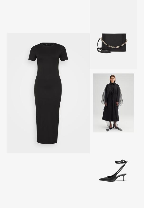 Juoda suknelė su tiesia siluetu, turinti permatomą užsidengimą ir sagčių priekį. Audinys yra lygus, su plačiomis rankovėmis ir grindų ilgio apdaila.; Juoda gipiūrinė maksi suknelė su prigludusia siluetu, trumpomis rankovėmis ir apvalia iškirpte. Lygus audinys su pilno ilgio dizainu.; Juodas odinis stiletto batelis su smailiu nosiu, atvira nugara ir užrištomis kulkšnies juostelėmis. Plonas 3 colių kulnas. Lygi tekstūra, minimalistinis dizainas.; Juodas odinis per petį nešiojamas krepšys turi lygų paviršių, stačiakampio formą ir metalinę grandinėlę priekyje. Pridedama reguliuojama dirželis.