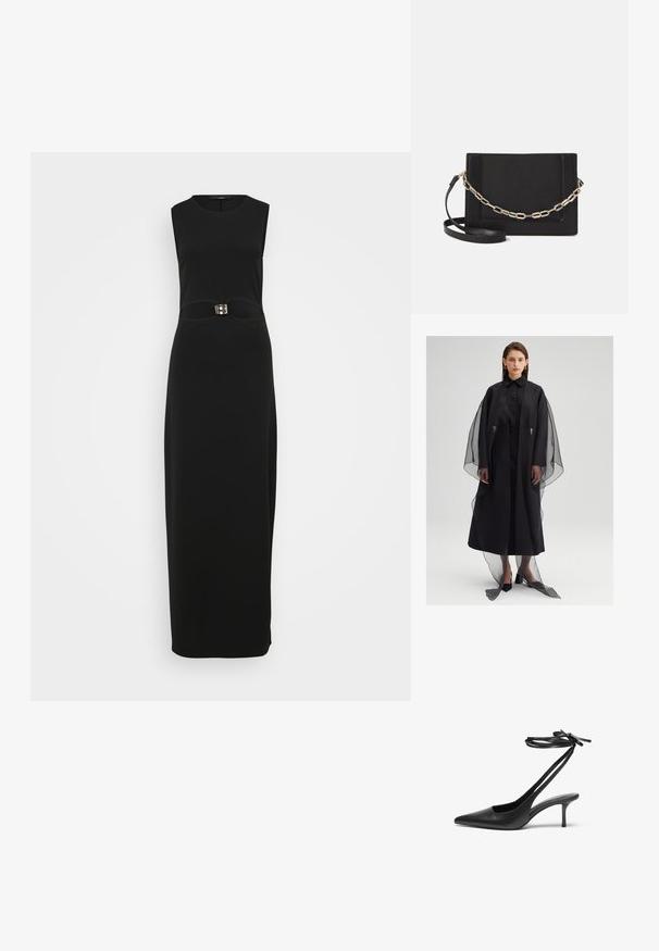 Fekete ruha egyenes sziluettel, áttetsző borítással és gombos elülső résszel. A textúra sima, széles ujjal és földig érő szegéllyel.; Fekete ujjatlan maxi ruha, amely karcsú szabással, sima textúrával és egy jellegzetes csatos részlettel rendelkezik a deréknál.; Fekete bőrszárú stiletto cipő hegyes orral, nyitott hátsó résszel és masnira köthető bokapántokkal. Karcsú, 3 hüvelykes sarok. Simább textúrájú, minimalista dizájn.; Fekete bőr keresztpántos táska, sima textúrával, téglalap alakú és fém lánc részlettel az elején. Állítható pánttal ellátva.