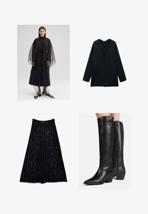 Svart klänning med rak silhuett, prydd med en genomskinlig överdel och knäppt framtill. Texturen är slät, med vida ärmar och en golvlång kant.; Svart, löst sittande V-ringad topp med långa ärmar, gjord av mjukt tyg. Enkel design med rak fåll och inga distinkta mönster eller accenter.; Svart spetskjol med en utsvängd silhuett, prydd med ett texturerat mönster och en slät midja, knälång med ett foder inuti.; Knähöga svarta läderstövlar med spetsig tå, klack med blockform och dekorativ sömnad. Sidskedja och dragflik upptill för enkel påtagning.