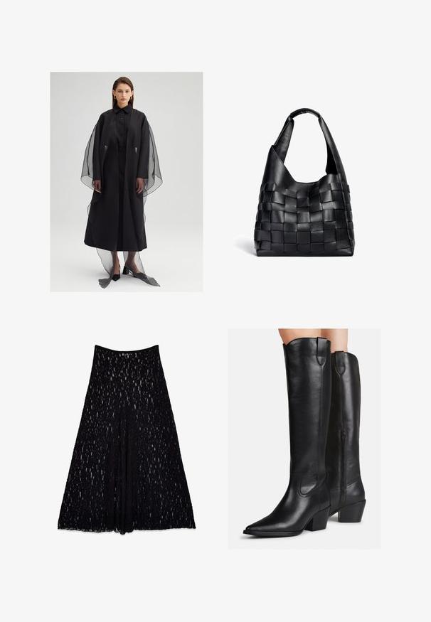 Čierne šaty s rovnou siluetou, so priesvitným overlayom a gombíkovým zapínaním. Textúra je hladká, so širokými rukávmi a dlhým lemom až po zem.; Čierny, voľný top s výstrihom do V a dlhými rukávmi, vyrobený z mäkkej tkaniny. Jednoduchý dizajn s rovnými okrajmi a bez výrazných vzorov alebo zdobení.; Čierna čipkovaná sukňa s rozšírenou siluetou, obsahujúca štruktúrovaný vzor a hladký pás, po kolená s podšívkou.; Čierne kožené čižmy do výšky kolien s špicatou špičkou, blokovým podpätkom a dekoratívnym prešívaním. Bočný zips a poutko na vrchu pre jednoduché obúvanie.; Čierna kožená tkaná taška s voľným tvarom a širokým ramenným popruhom. Disponuje textúrovaným, prepleteným dizajnom s hladkým povrchom.