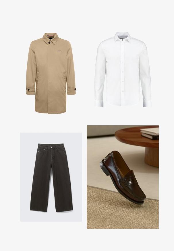 Beige trenssitakki, jossa on huipputasku, yksittäinen nappisulku, sivutaskut ja mustat napin korostukset. Sisältää sinisen, valkoisen ja punaisen logon.; Valkoinen pitkähihainen nappipaita, joka on valmistettu sileästä puuvillasta. Siinä on klassinen kaulus ja nappikiinnitys, sekä suora helma.; Mustat leveälahkeiset farkut, joissa on korkea vyötärö, viisi taskua ja napitus. Kankaan pinta on pehmeä ja teksturoidun tuntuinen.; Ruiskeanruskeat nahkalenkkarit kiiltävällä pinnalla, joissa on ommeltu yksityiskohta edessä ja matala musta kumipohja.