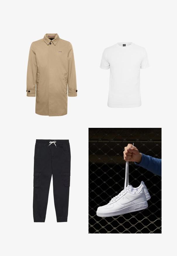 Bež imperijalni kaput s oštrim ovratnikom, zatvaranjem na jedan gumb, bočnim džepovima i crnim gumbima. Sadrži logo u plavoj, bijeloj i crvenoj boji.; Bijela majica s kratkim rukavima, izrađena od pamuka, s okruglim izrezom i glatkom teksturom, namijenjena za ležerno nošenje.; Crne cargo hlače od pamuka, s elastičnom sredinom struka i vezicom, bočnim džepovima i suženim rubovima.; Bijele kožne tenisice s perforacijama, okruglim vrhom, ravnim potplatom i debelim vezicama, s vidljivim swoosh logom i natpisom "AIR" na peti.
