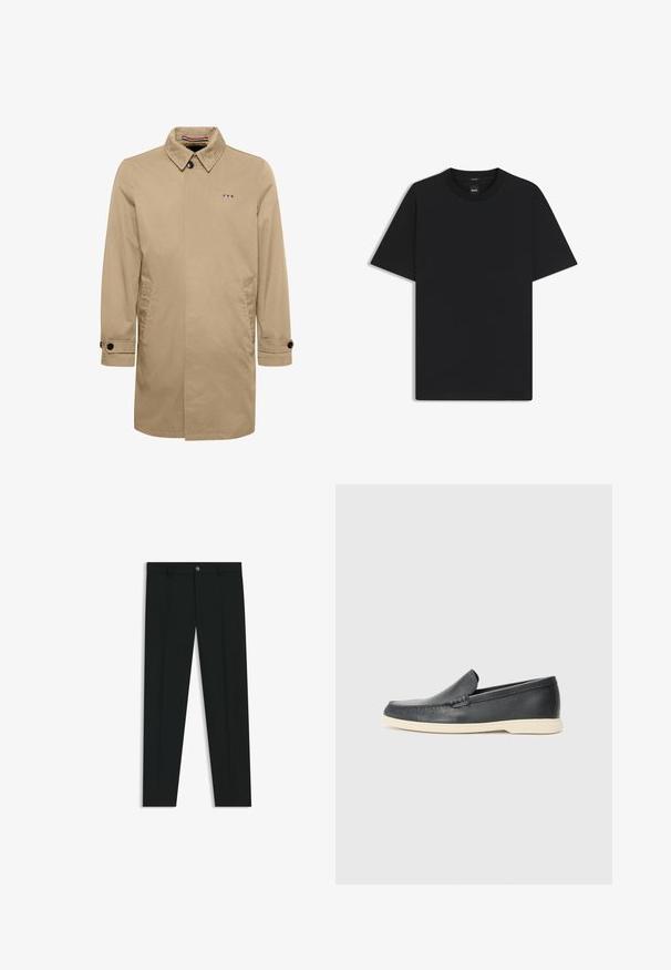 Trench coat beige con colletto a punta, chiusura con un bottone, tasche laterali e dettagli con bottoni neri. Presenta un logo nei colori blu, bianco e rosso.; Maglietta nera a maniche corte realizzata in un morbido misto cotone, con scollatura a girocollo e un design minimalista senza motivi o dettagli.; Pantaloni neri in tessuto lisci, con design a gamba dritta. Presentano una chiusura frontale con bottone e passanti per cintura. Senza fantasie.; Mocassini neri in pelle con finitura testurizzata e suola in gomma beige a contrasto. Presentano un accento sottile lungo la parte anteriore.