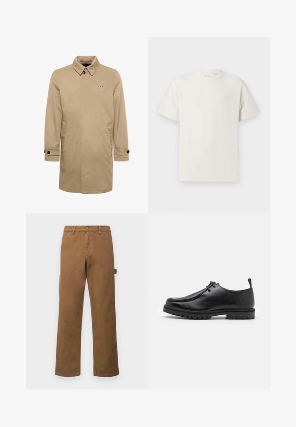 Bež mantell, milleeritud krae, ühe nupuga kinnitamine, küljetaskud ja musta nupu aktsendid. Omab logo sinise, valge ja punasega.; Valge lühikeste varrukatega T-särk ribakudumises. Ümar kaelus, mugav lõige, nähtavad mustrid ega aksessuaarid puuduvad. Lihtne ja mitmekesine disain.; Pruunid puuvillased cargo-püksid sirgete jalgega, küljetaskute ja metallnööbiga vööl. Sile tekstuur ja lõdvestunud disain.; Must küljest musta nahast sidumisjalatsiga, millel on tugeva tallaga ja kandmiselauaga, valge tausta ees.