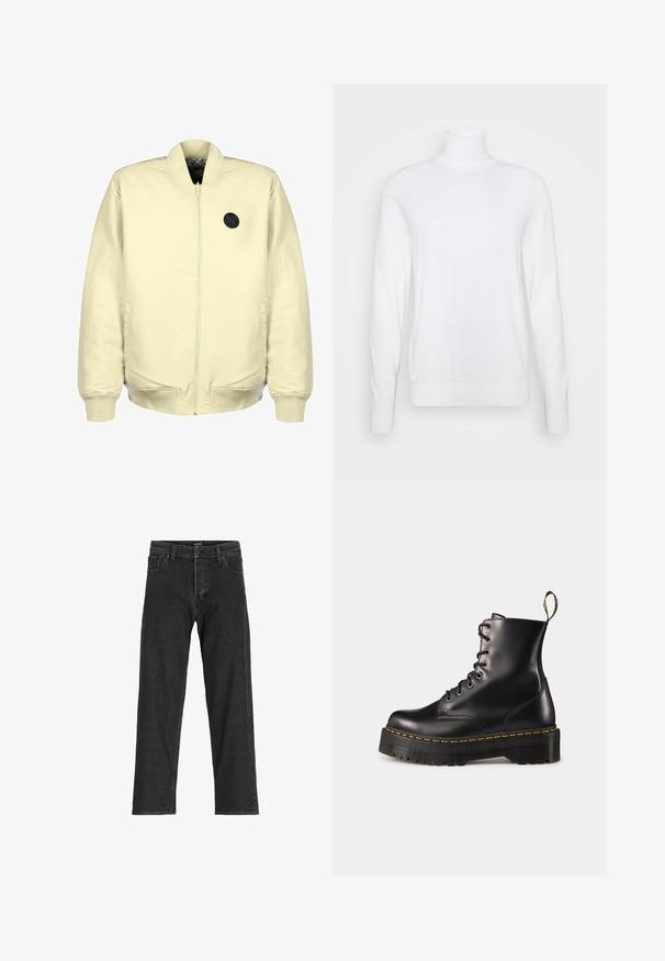 Svetložltý bomber s predným zipsom, rebrovanými manžetami, dvoma bočnými vreckami a čiernym kruhovým logom na hrudi. Mäkká textúra látky.; Biely rolák s dlhými rukávmi, vyrobený z hladkej tkaniny. Má priliehavý strih a rebrované manžety a lem. Bez vzorov a akcentov.; Čierne džínsy s rovnými nohavicami, s púzdrom na zips, pútkami na opasok a šiestimi vreckami, vyrobené z pevnej zmesovej bavlny.; Čierne kožené členkové topánky na šnurovanie s masívnou čiernou podrážkou a žltým prešitím. Obsahujú pútko na zadnej strane a okrúhle kovové očká.