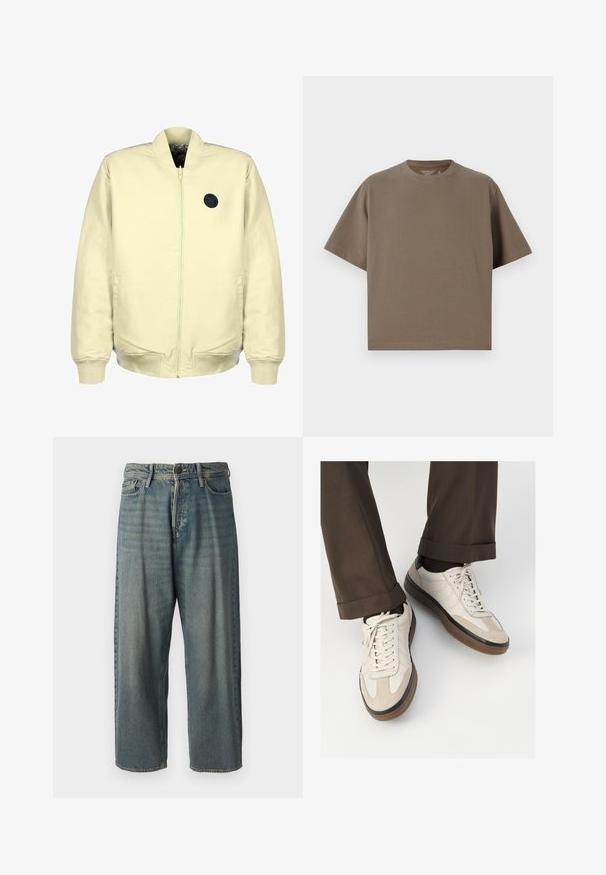 Svetložltý bomber s predným zipsom, rebrovanými manžetami, dvoma bočnými vreckami a čiernym kruhovým logom na hrudi. Mäkká textúra látky.; Hnedé tričko s krátkymi rukávmi vyrobené z jemného materiálu s okrúhlym výstrihom. Má voľný strih a jednoduché lemovanie.; Svetlomodré denimové nohavice so voľným strihom, stredne vysokým pásom a rovnými nohavicami. Obsahujú päť vreciek, pútka na opasok a zapínanie na gombík.; Béžové tenisky s textúrovanou zamšovou prednou časťou, hladkými koženými bočnými stranami a hnusou gumovou podrážkou. Obsahujú šnúrky a svetlé stehy ako detail.