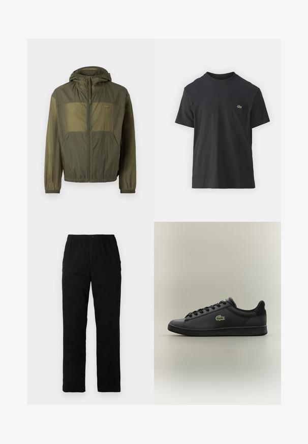 Casaco leve verde-oliva com capuz, fecho de correr à frente, punhos elásticos e dois bolsos frontais; apresenta um tecido texturizado e detalhe do logótipo.; Camiseta de algodão preta com mangas curtas, decote redondo e um pequeno logo verde no bolso do peito esquerdo. Design simples, corte regular.; Calças pretas feitas de um tecido de algodão misto, com corte reto, cintura elástica com botão e sem padrões ou detalhes visíveis.; Sapatilha de couro preta de cano baixo com atacadores pretos, apresentando um logótipo de crocodilo verde na lateral, colocada sobre um fundo neutro simples.