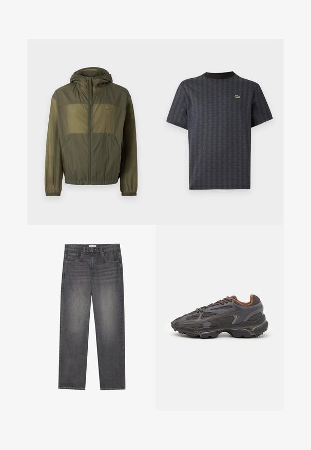 Lehká olivově zelená bunda s kapucí, na zip, s elastickými manžetami a dvěma předními kapsami; má strukturovanou tkaninu a detail s logem.; Černé tričko s krátkým rukávem s geometrickým vzorem a zeleným logem krokodýla, s pevným černým kulatým výstřihem.; Tmavě šedé džíny z denimu se rovnýmsakem, které mají pět kapes, zapínání na knoflík v přední části a jemné blednutí na látce.; Sněrovací boty Lacoste v tmavě šedé barvě s síťovinou a syntetickým materiálem, prezentující texturovanou podrážku a hnědé detaily na límci a logu.