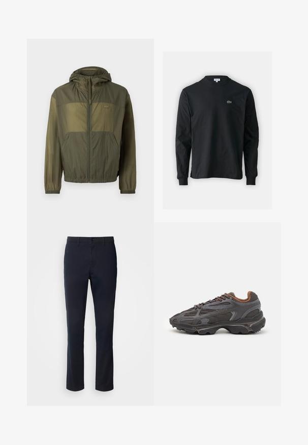 Casaco leve verde-oliva com capuz, fecho de correr à frente, punhos elásticos e dois bolsos frontais; apresenta um tecido texturizado e detalhe do logótipo.; Camisola preta de manga longa feita de algodão, com decote redondo e um pequeno logótipo de crocodilo bordado em verde no lado esquerdo do peito.; Calças azul marinho feitas de tecido suave, com um design de perna reta, passantes para cinto e fecho de botão com fecho de correr.; Ténis Lacoste em cinza-escuro com material em malha e sintético, apresentando uma sola texturizada e detalhes castanhos na gola e na marca.