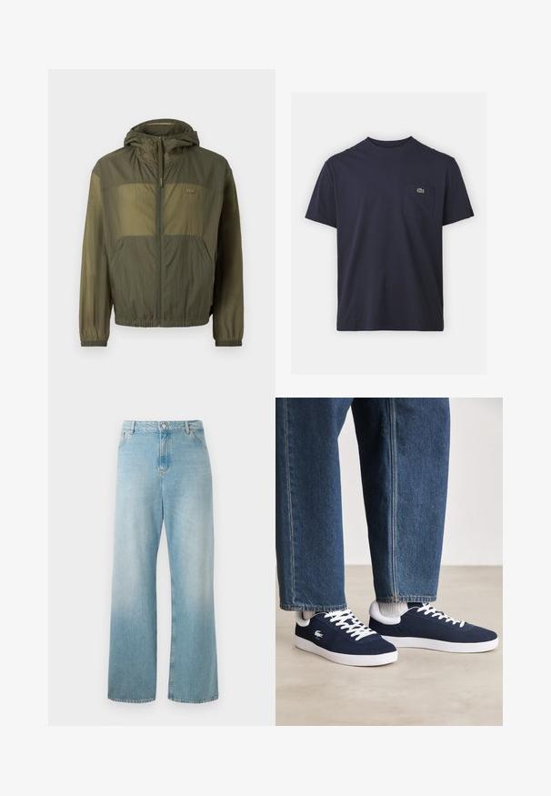 Viegls olīvu zaļas krāsas jaka ar kapuci, ar rāvējslēdzēju priekšā, elastīgām aprocēm un divām priekšējām kabatām; raksturīga ar teksturētu audumu un logo detaļu.; Kleita ar apaļu kakla izgriezumu un īsām piedurknēm, izgatavota no tumši zila kokvilnas auduma. Uz kreisās krūšu kabatas ir neliels zaļš logotips. Mīksta tekstūra.; Gaiši zili plaša piegriezuma džinsi, izgatavoti no denima. Ar augstu jostasvietu, priekšējām kabatām un tīru apakšmali. Mīksta tekstūra ar izbalējušu apdari.; Zili auduma sporta apavi ar baltām stīgām un gumijas zolēm, izlikti kopā ar džinsiem un pelēkām ribotām zeķēm, uz gaiši pelēka pamata.