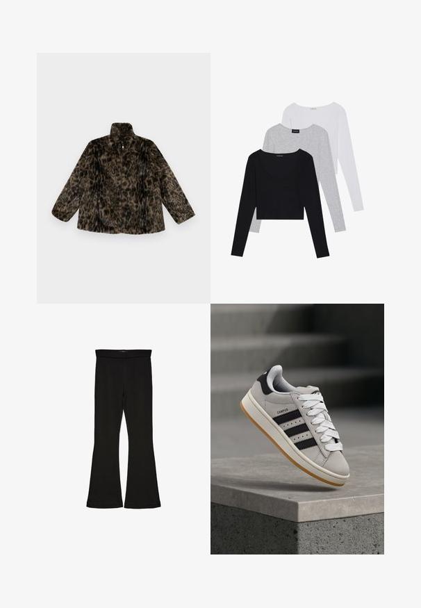 Jaket iz umetnega krzna z zadrgo v rjavi in črni leopardjem vzorcu; ima visok ovratnik in ohlapen kroj z dolgimi širokimi rokavi.; Tri dolgi rokavi v črni, sivi in beli barvi, z V-izrezom in krajšim dizajnom. Narejeni so iz mehkega, lahkega materiala.; Črne flare leggings iz raztegljive tkanine. Imajo širok pas in gladko teksturo, s prilegajočo silhueto, ki se na robu razširi.; Siv Adidas Campus športni copat s črnimi črtami in belimi vezalkami, ki lebdi nad betonskim robom s stopnicami v ozadju.
