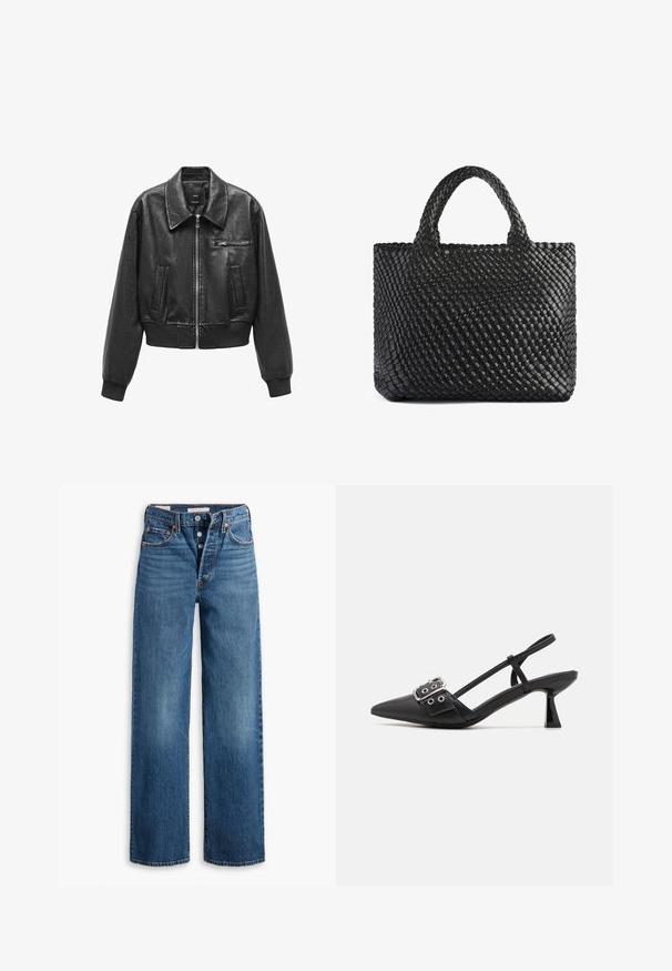 Mango Faux leather jacket - black; Two sleeveless bodysuits in olive green and black. Made of smooth fabric with a round neckline and a high-cut leg design.; Blue denim jeans with a wide-leg design, five pockets, button fly, and contrasting stitching. Textured fabric with a faded finish.; Simmi London DALA - Classic heels - black; Black woven tote bag with two handles, featuring a textured surface and a rectangular shape. Simple, unique design with no visible hardware.