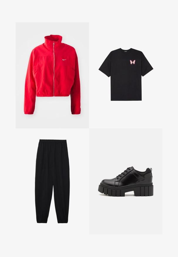 Rdeča kratka jakna iz lahkega materiala, z visokim ovratnikom, zadrgo, elastičnim pasom in majhnim belim logotipom na prsih.; Črna bombažna majica s kratkimi rokavi, ki ima majhen roza metuljček na levi strani prsnega dela. Majica s krožnim ovratnikom in sproščenim krojem.; Črne, lahke hlače z elastičnim pasom in nabranimi gležnji. Tkanina je gladka in ima sproščen, taperiran dizajn.; Črne usnjene platforme z debelim blokastim petam, okroglo konico in klasičnim vezanjem. Imajo gladko teksturo in minimalne podrobnosti.