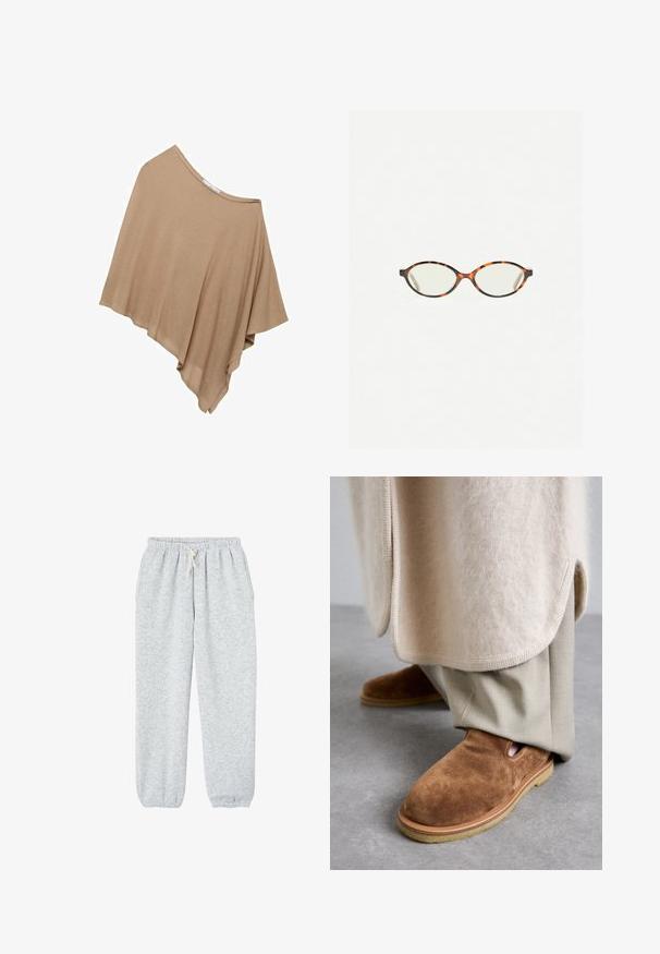 Svetlo rjav, ohlapen pončo iz mehkega blaga. Ima širok izrez in asimetričen rob za tekočo obliko.; Siv krojen pulover izdelan iz mehkega, puhastega materiala. Ima dolge rokave in okrogel izrez ter gladko, lahko teksturo.; Sive trenirke iz mehkega materiala, z elastičnim pasom z vrvico in elastičnimi manšetami na gležnjih.; Rjave semiš copate z zaobljenim nosom, gumijastim podplatom in stranskimi izrezi, v kombinaciji s svetlo bež krojenimi hlačami.; Kornjačaste očala z ovalnimi lečami in gladko, sijočo površino. Imajo tanke stranice z rahlim ovinkom na templjih. Prosojne leče.