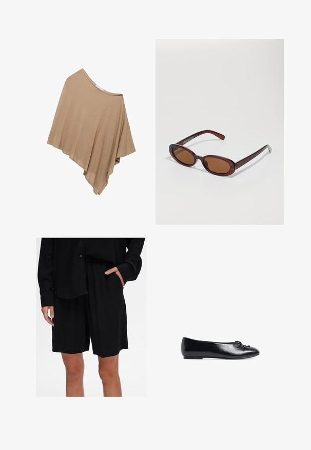 Ljust brunt, löst sittande poncho gjort av mjukt tyg. Har en vid halsringning och asymmetrisk fåll för en flödande form.; Svart, ärmlös crop-top i slät tyg. Har tunna axelband och rundad halsringning, med en figurnära design.; Svarta shorts med avslappnad passform, tillverkade av mjukt tyg med elastisk midja och sidofickor; matchas med en skjorta med knappar i samma färg.; Svart läderballetflat med rund tå, liten rosett på framsidan och en låg, flexibel sula. Slät textur genomgående.; Runda, bruntonade solglasögon med en glansig bordeauxfärgad ram. Smala bågar med subtilt varumärkesdetalj. Platt linsdesign.; PULL&BEAR Shoppingväska - mottled dark brown