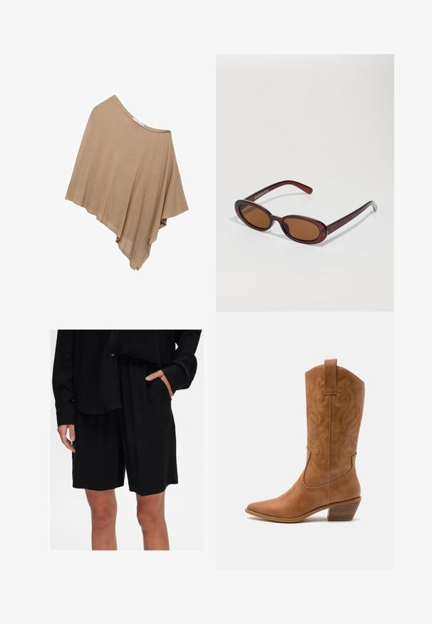 Lichtbruine, loszittende poncho gemaakt van zachte stof. Heeft een brede halslijn en een asymmetrische zoom voor een vloeiende vorm.; Zwarte, mouwloze crop top van gladde stof. Heeft dunne spaghetti-bandjes en een ronde halslijn, met een getailleerd ontwerp.; Zwarte relaxte shorts van zachte stof met een elastische tailleband en zijzakken; gecombineerd met een bijpassend overhemd met knopen.; Tan leren cowboylaars met puntige neus, geborduurde spiraalpatronen op de schacht en een gestapelde blokhak. Voorzien van een trekband voor gemakkelijke aan- en uittrekken.; Ronde, bruin getinte zonnebril met een glanzend bordeauxrood frame. Slanke pootjes met subtiele merkdetails. Vlakke lensontwerp.; PULL&BEAR Shopper - mottled dark brown