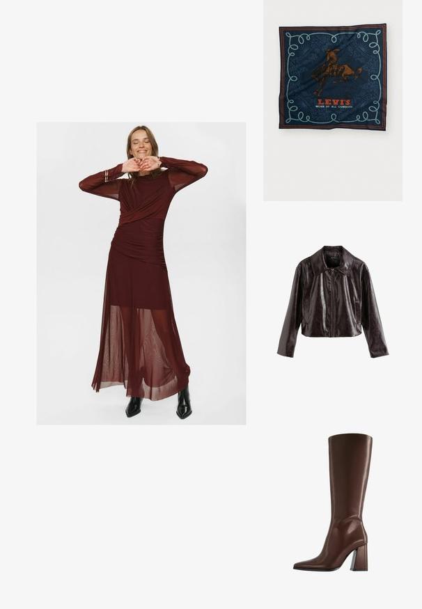 Gekürzte, dunkelbraune Kunstlederjacke mit großem Kragen, Vorderreißverschluss und zwei Seitentaschen; glatte Textur mit glänzendem Finish.; Langes burgunderfarbenes Kleid aus durchsichtigem und glattem Stoff, mit einem gewickelten Oberteil, Raffung und durchsichtigen langen Ärmeln.; Brauner kniehoher Lederstiefel mit spitzer Zehe und klobigem mittelhohem Absatz, Seitenansicht vor weißem Hintergrund.; Navy Seidenschal mit einem Grafikmotiv eines braunen Pferdereiters, einem dekorativen blauen Seilmuster und dem Text "LEVI'S GETRAGEN VON ALLEN COWBOYS" in Rot.