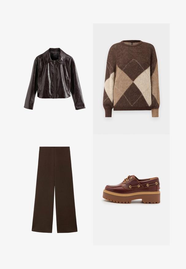 Gekürzte, dunkelbraune Kunstlederjacke mit großem Kragen, Vorderreißverschluss und zwei Seitentaschen; glatte Textur mit glänzendem Finish.; Braun-beige gestrickter Pullover im Argyle-Muster mit langen Ärmeln und gerippten Bündchen auf einem weißen Hintergrund.; Weite Hosen aus einem glatten, dunkelbraunen Stoff. Sie haben einen hohen Bund und ein minimalistisches Design ohne Verzierungen.; Braune Lederbootsschuhe mit einer massiven braunen Gummisohle, goldenen Ösen und kontrastierenden Nähten. Mit einem Logo an der Seite.