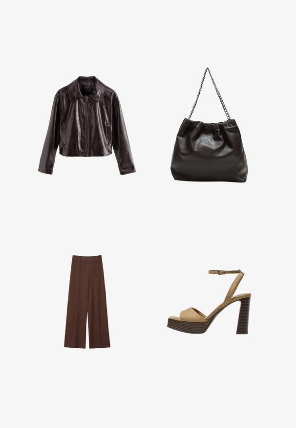 Skraćena jakna od tamno smeđeg umjetnog kože s velikim ovratnikom, prednjim zatvaračem i dva bočna džepa; glatka tekstura s sjajnim završetkom.; Bijela kratka košulja s kratkim rukavima izrađena od mekog materijala, s okruglim izrezom i jednostavnim, minimalističkim dizajnom bez vidljivih uzoraka ili akcenta.; Smeđe široke hlače izrađene od meke tkanine, s visokim strukom, vertikalnim šavovima i glatkom teksturom.; Beige suedirane sandale s visokim potpeticama, širokom prednjom trakom i trakicom oko gležnja, s debelom drvenom blok-potpeticom s teksturiranim završetkom.; Smeđa kožna torba s naboranim vrhom i lančićem za nošenje. Glatka tekstura s sjajnim završetkom i suptilnim šavnim detaljima sa strane.