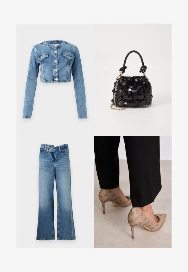 Svijetloplavi skraćeni traper jakna s dugim rukavima, četiri prednja džepa i zlatnim dugmadi, izložena na jednostavnoj bijeloj pozadini.; Crna majica s kratkim rukavima s velikim šljokičastim trokutastim logotipom koji sadrži "GUESS U.S.A." i središnji upitnik.; Svijetloplave traperice s izrezom i visokim strukom, s dva gumba i prednjim džepovima. Tkanina ima izblijeđenu teksturu s suptilnim varijacijama.; Bež cipele s visokom petom izrađene od teksturiranog materijala s ponavljajućim uzorkom. Dizajn s oštrim vrhom s pozadinskim naglaskom i zlatnim detaljem na peti.; Crna mini torbica sa šljokicama, s čvorastim teksturiranim remenom i srebrnim lancem. Zaobljenog oblika s naboranim vrhom i reflektivnim detaljima.