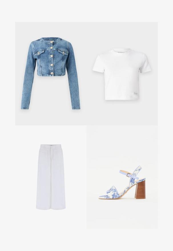 Šviesiai mėlyna trumpa džinsinė striukė su ilgomis rankovėmis, keturiais priekiniais kišeniais ir auksiniais mygtukais, pristatyta ant vienspalvio balto fono.; Balta trumpa marškinėlių suapvalinta iš lygios medvilnės, su aukštu iškirpimu ir trumpomis rankovėmis. Mažas išsiuvinėtas logotipas apatinėje kampe.; Baltos plačios kelnės su lygiu paviršiumi, turinčios dvi priekinės kišenes ir mygtuko užtraukimą, sukurtos laisvam prigludimui.; Mėlynos gėlėtos šlepetės su kvadratiniu pirštu, plačia juostele ir reguliuojama kulkšniai, turi struktūruotą medinį blokinį kulną.