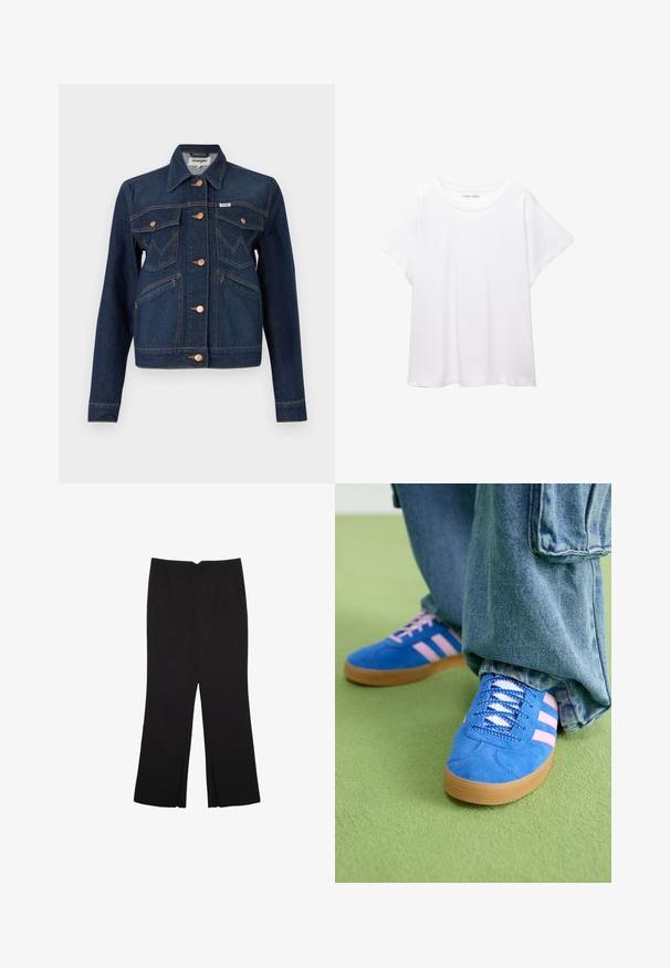 Tumma farkkutakki, jossa on lyhennetty muotoilu, varustettuna kuparinvärisillä napeilla, kahdella rintataskulla, sivutaskuilla ja oransseilla ompeluvaroilla.; Valkoinen T-paita, joka on valmistettu pehmeästä ja kevyestä kankaasta. Omistaa pyöreän kaula-aukon ja lyhyet, leveät hihat rentoa istuvuutta varten. Ei näkyviä kuvioita.; Mustat housut suoralinjaisella leikkauksella, joissa on etutaskut ja sivurei'ät helman alla. Valmistettu pehmeästä ja sileästä kankaasta. Sopii eri tilaisuuksiin.; Siniset mokkakengät, joissa on vaaleanpunaiset raidat ja valkoiset nauhat, kumipohjalla, yhdistettyinä löysiin denimgyneihin vihreällä pinnalla.