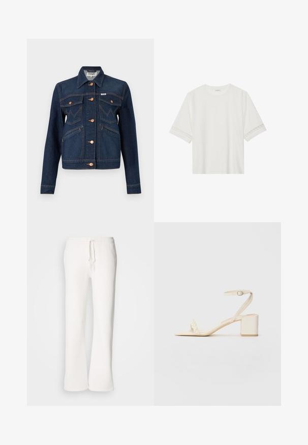 Tumedast denimist jakk, millel on lühendatud disain, pronksist nupud, kaks rinna taskut, küljetaskud ja oranžid õmblused.; Valge lühikese varrukaga T-särk, mis on valmistatud puuvillast, kaunistatud pitsiga varrukate ääres ja ümmarguse kaelusega.; Valged, mugavad spordipüksid, mis on valmistatud pehmest kangast, elastse talje ja nööridega, sirgete jalgadega disainiga.; Bežid plokkhõlast sandaal, mis on valmistatud siledast materjalist, õhukese pahkluu rihmaga ja pärlide aktsendiga varvaste rihmaga. Lame tald.