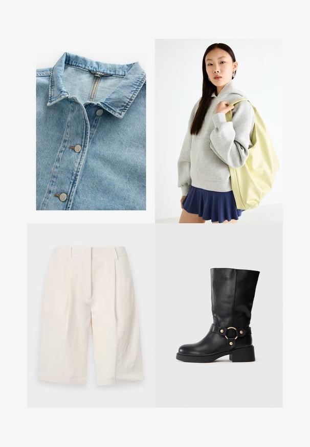Light blue denim shirt featuring a classic collar, two silver buttons, and contrast stitching on the placket and collar edges.; Black knitted sweater, round neckline, long sleeves, loose fit, soft texture, no visible patterns or accents. Suitable for casual wear.; White linen shorts with a tailored design, pleated front, and wide leg openings. Smooth texture and mid-thigh length.; Black mid-calf leather boot with chunky heel and decorative strap featuring a gold circular buckle on a white background.; Gray oversized hoodie with a kangaroo pocket, paired with a navy flared skirt. Accessory: large light yellow backpack, smooth texture.