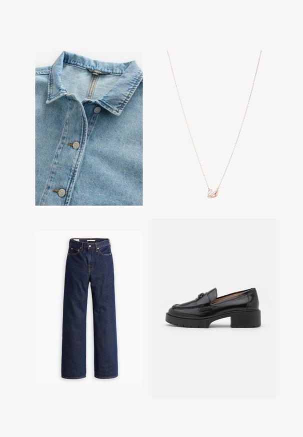 Lys blå denimskjorte med klassisk krave, to sølvknapper og kontrastsyninger på skjortens lukning og kravekanter.; Lyseblå bluse lavet af glansfuldt stof, med klassisk krave, knaplukning foran, pufærmer og en tiered, flæset nederkant.; Mørkeblå denim wide-leg jeans med høj talje, fem lommer, kontrastfarvet orange syning og knaplukning. Glat tekstur.; Sorte læder loafers med en lav blokhæl, rund tå, dekorativ rem og struktureret syning på overdelen. Glat overflade.; Rosaguld halskæde med en svanevedhæng, prydet med klare krystaller. Kæden har et delikat linksdesign.