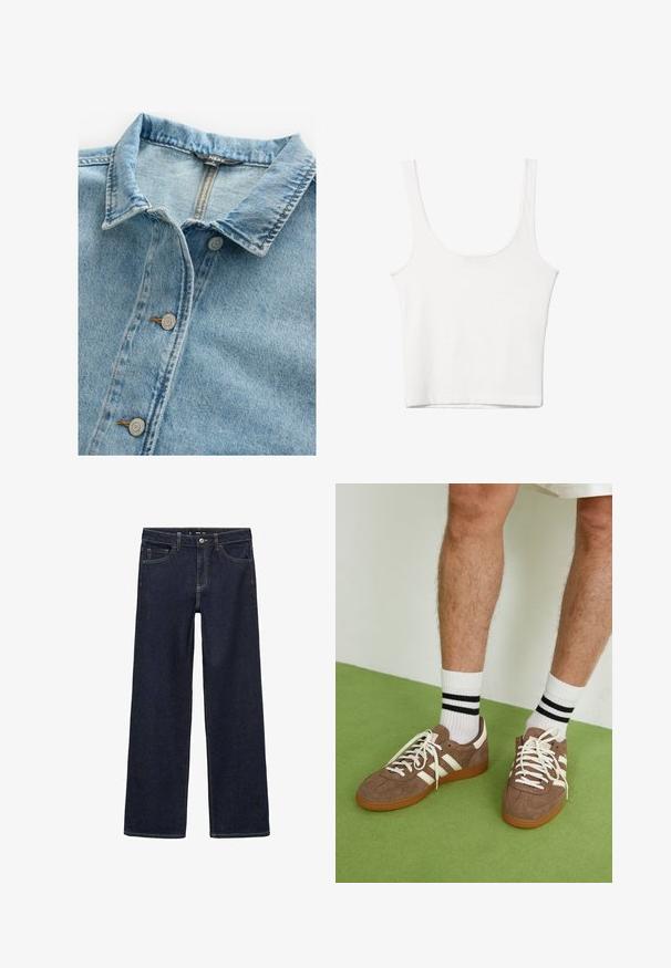 Svijetloplava traper košulja s klasičnom kragnom, dva srebrna gumba i kontrastnim šavovima na prednjem dijelu i rubovima kragne.; Bijela pamučna majica bez rukava s izrezom u obliku slova U, tijesnog kroja. Glatka tekstura, jednostavan dizajn i minimalni detalji šivanja.; Tamno plave traperice s opuštenim krojem. Imaju visoki struk, pet džepova i kontrastno šivanje. Ravne nogavice, bez ukrasa.; Smeđe nubuk tenisice s bijelim detaljima i vezicama. Gumeni potplat. Nosene s bijelim čarapama s crnim prugama. Zeleno teksturirano pod.