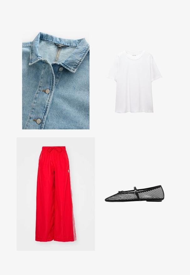 Camasa din denim bleu deschis, având un guler clasic, două butoane argintii și cusături contrastante pe placket și marginile gulerului.; Tricou simplu, alb, din bumbac, cu decolteu rotund, mâneci scurte și croială lejeră. Textură fină, fără modele sau accente.; Pantaloni roșii cu picioare largi, realizați dintr-un material ușor, având dungi albe pe laterale și un elastic la talie cu șnur.; Balerini negre din plasă, cu vârful ascuțit, curea decorativă și un accent subtil. Prezintă un design din plasă deschisă și talpă plată.